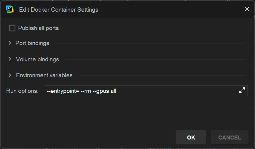 Configurazione Ambiente di Lavoro - Edit Docker Container Settings